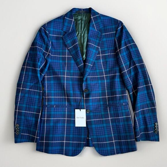 Paul Smith Gents 2 Button Navy Teal Pink Plaid Wool Sport Coat 38R NEW Blazer